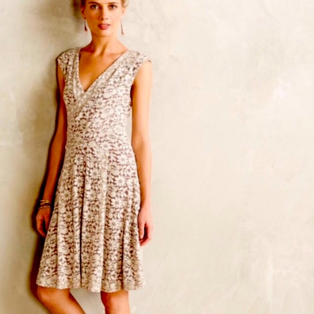 Anthropologie Maeve Cream Faux Wrap Lace Dress
